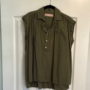 Boxy Green Blouse with Polo Collar and Button Down Style